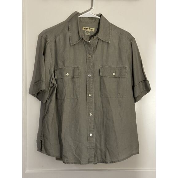 Eddie Bauer SS Button Down 100% Linen Sz M Blue Gray LagenLook Gorpcore Camp - Picture 1 of 12